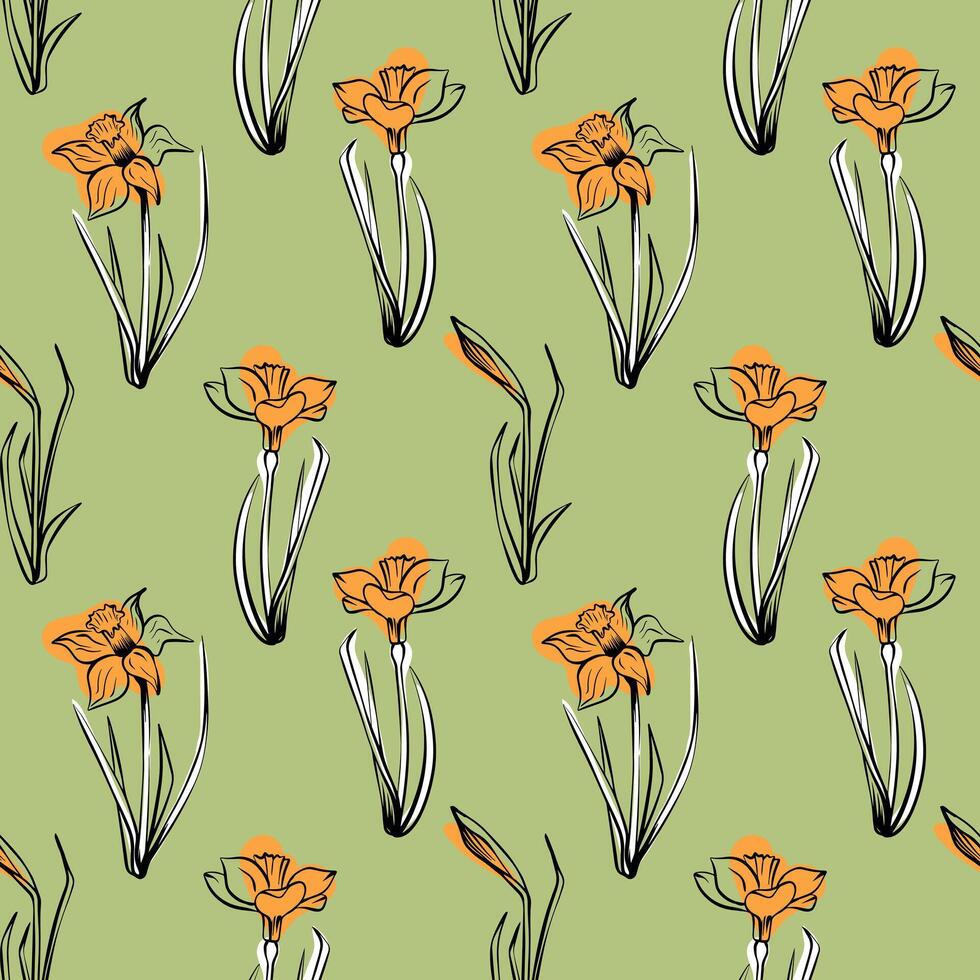 naadloos bloemen patroon in wijnoogst stijl. silhouet van narcis bloem Aan groen achtergrond voor omhulsel papier, achtergrond, textiel. voorjaar en zomer verzameling vector