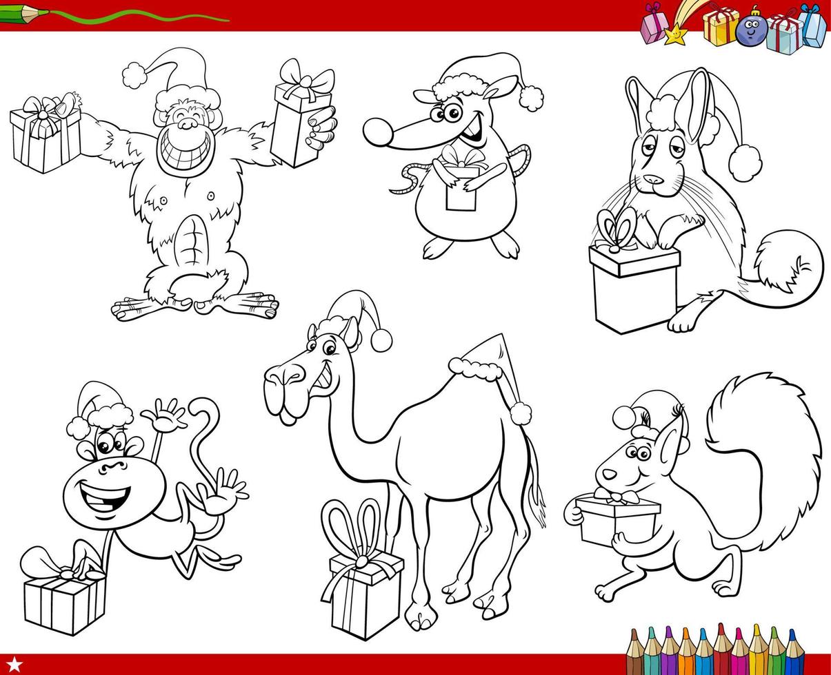 set dieren met kerstcadeaus kleurboekpagina vector