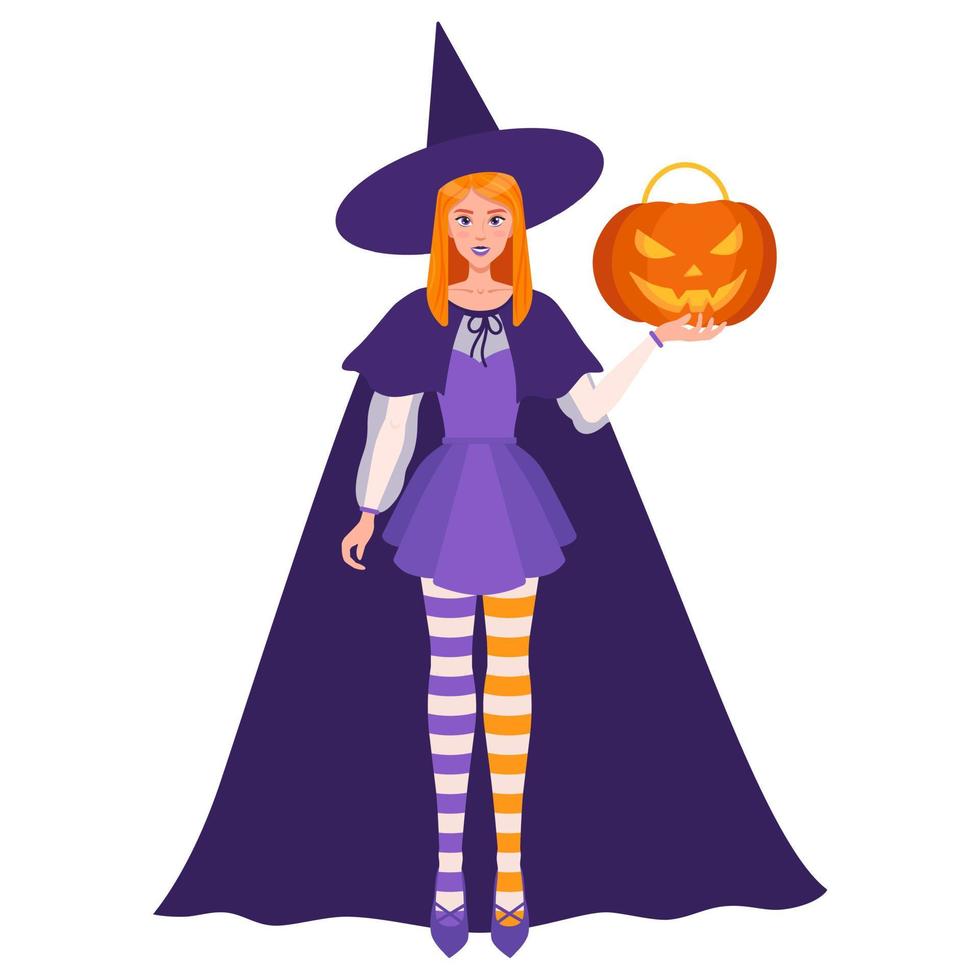 heks meisje met halloween oranje jack-o-lantern pompoen in haar linkerhand. vector