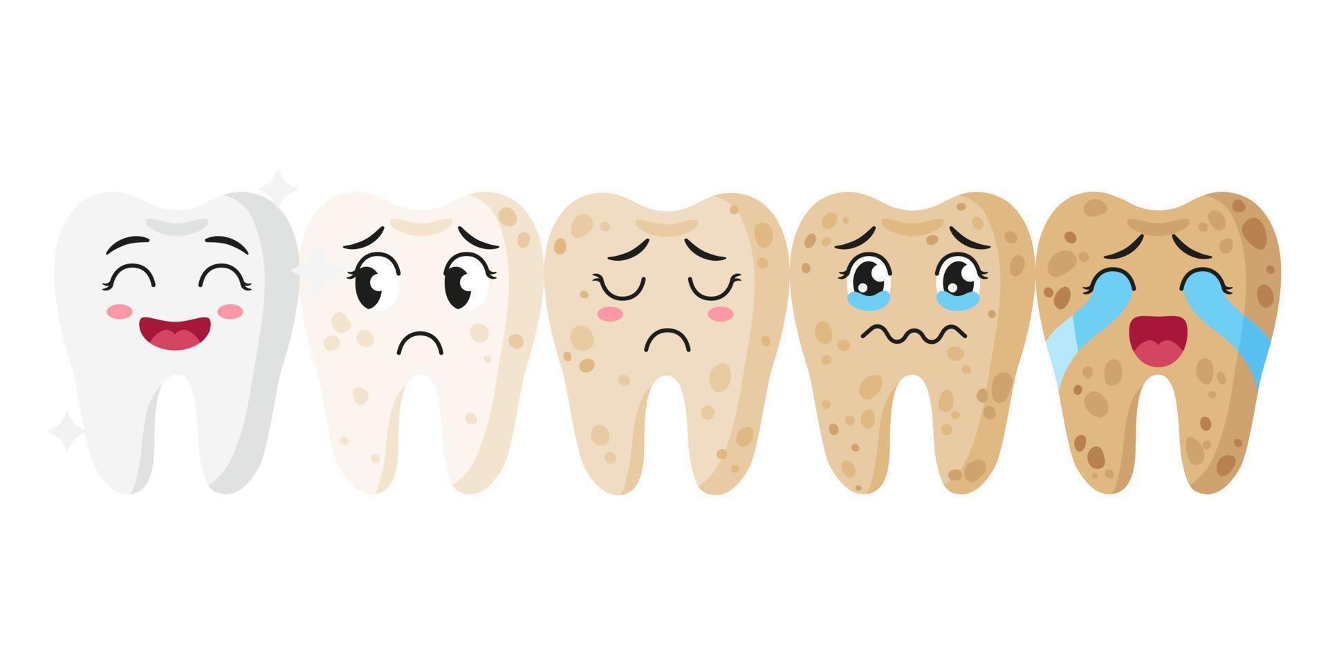 vector schattige stripfiguren van tanden met verschillende emoties en stadia van de ziekte.