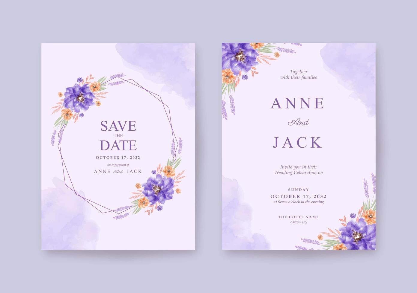 romantische trouwkaart met prachtige paarse bloemenwaterverf vector