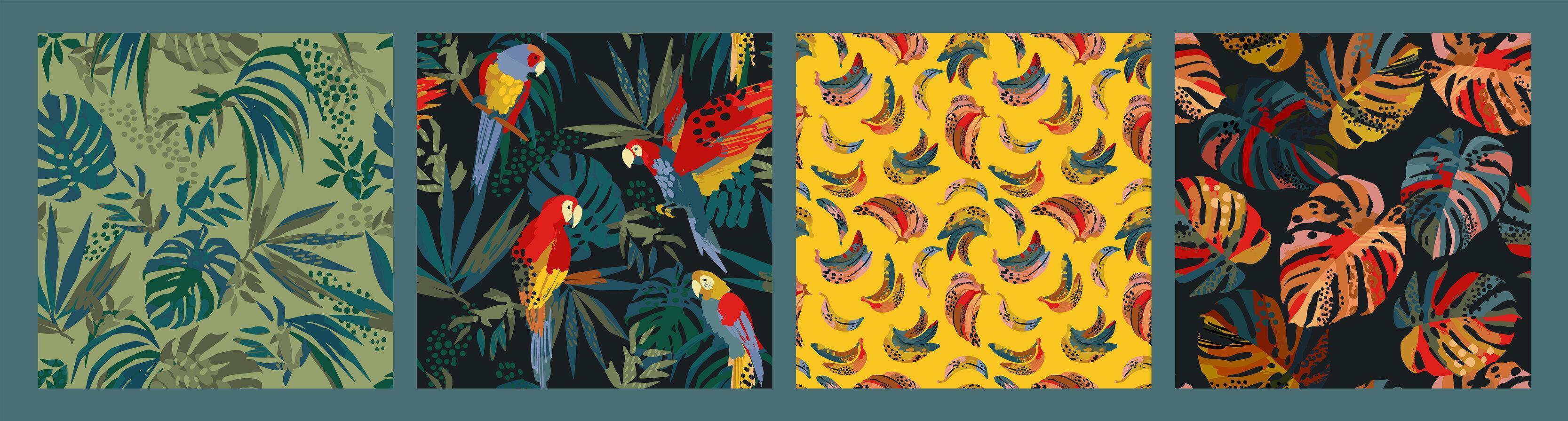 set van abstracte tropische naadloze patronen. papegaaien, bananen, tropische planten. modern exotisch ontwerp vector