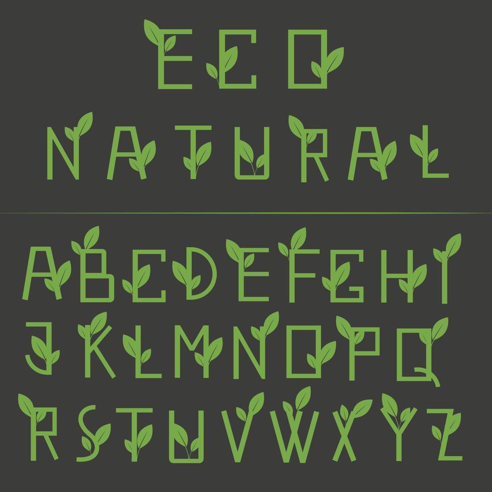 eco natuurlijke lettertype met groene bladeren op zwarte achtergrond. typografie eenvoudig alfabet. vector illustratie