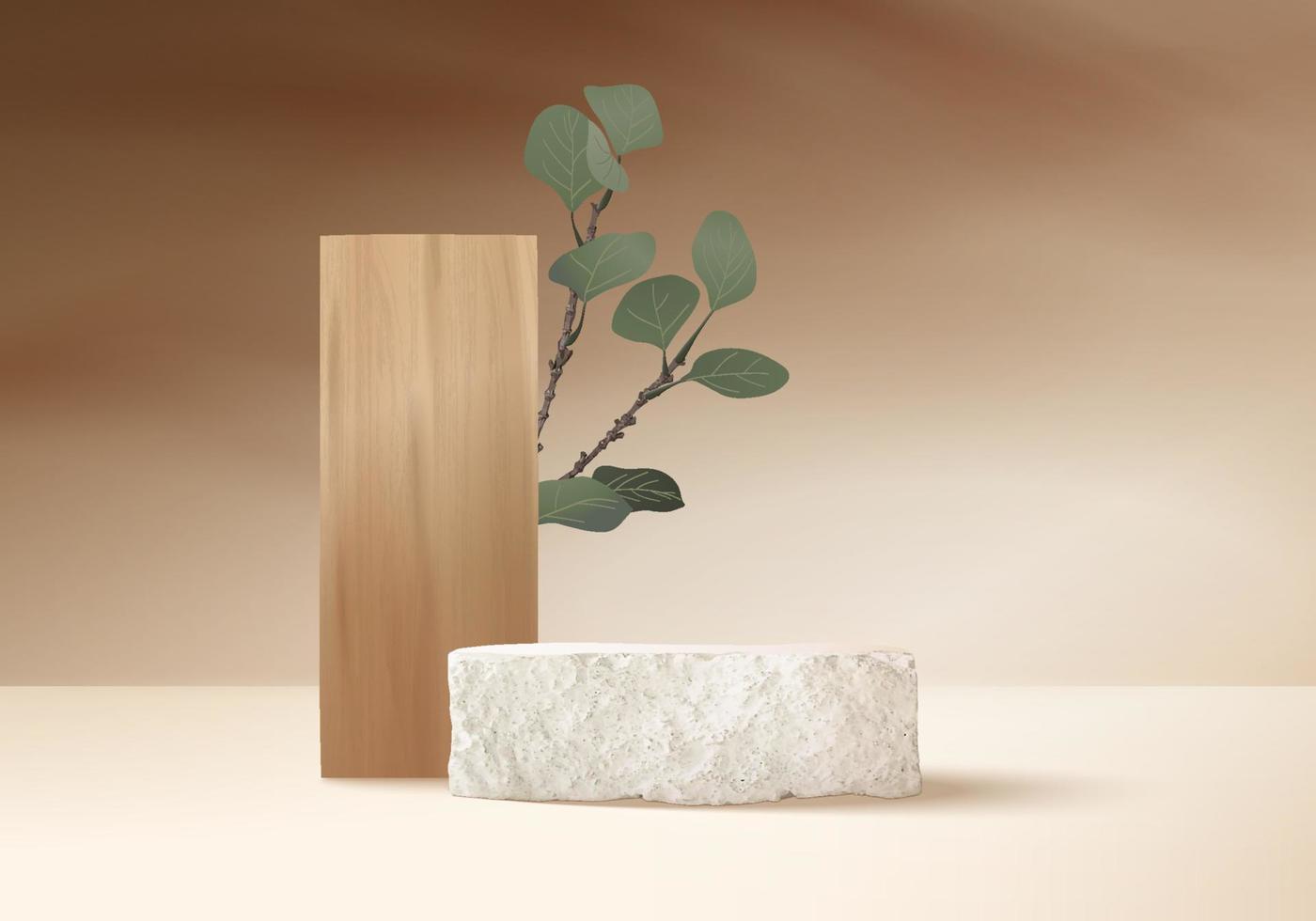 3D-achtergrondproducten tonen een stenen podiumscène met een geometrisch platform van palmblad. hout achtergrond vector 3d render met podium. stand show cosmetisch product. podium showcase op voetstuk beige display