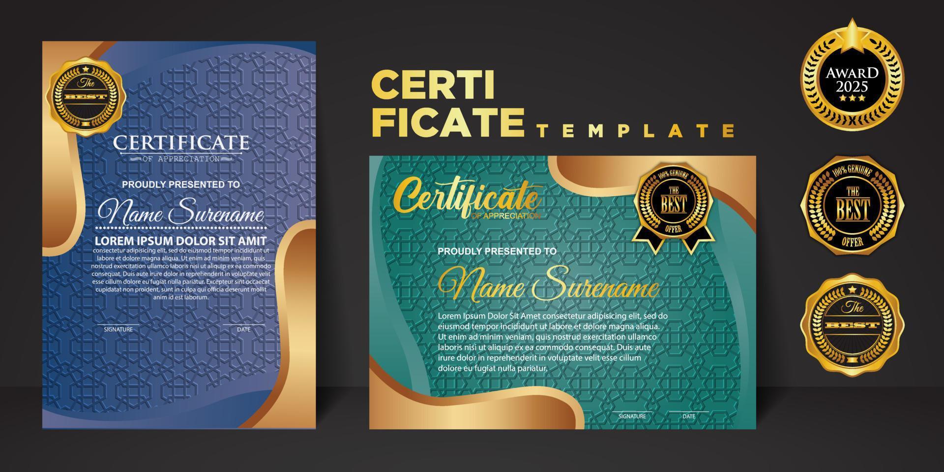 moderne certificaatsjabloon in gradatie en gouden kleuren, luxe en moderne stijl en vectorafbeelding in awardstijl. vector