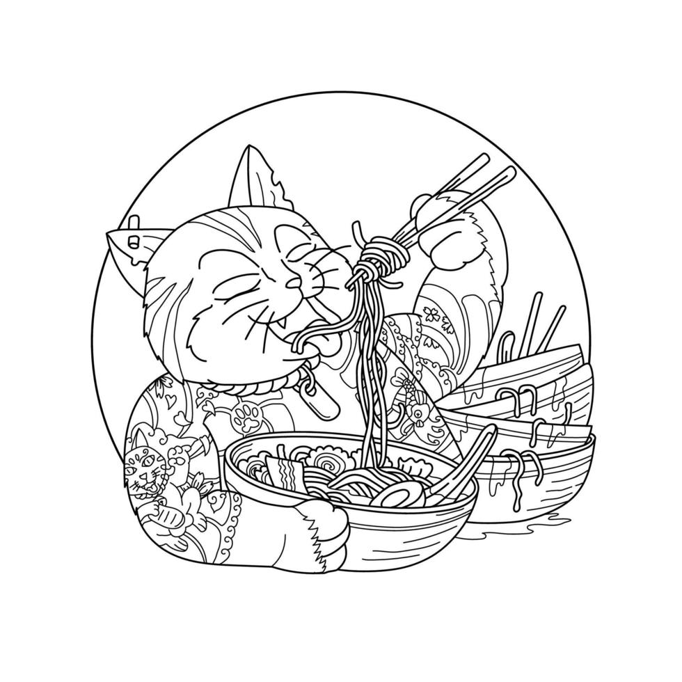ramen noodles kat volwassen kleurplaat illustratie vector