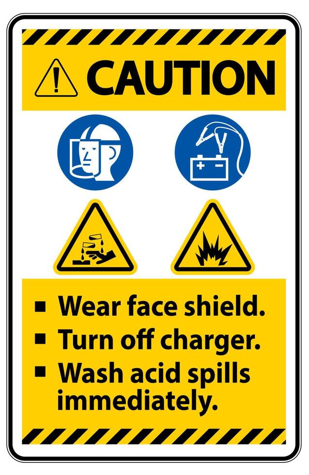 waarschuwingsbord gelaatsscherm dragen, oplader uitschakelen, gemorst zuur onmiddellijk wassen vector