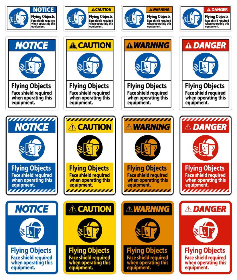 waarschuwingsbord rondvliegende voorwerpen, gelaatsscherm vereist bij gebruik van deze apparatuur vector
