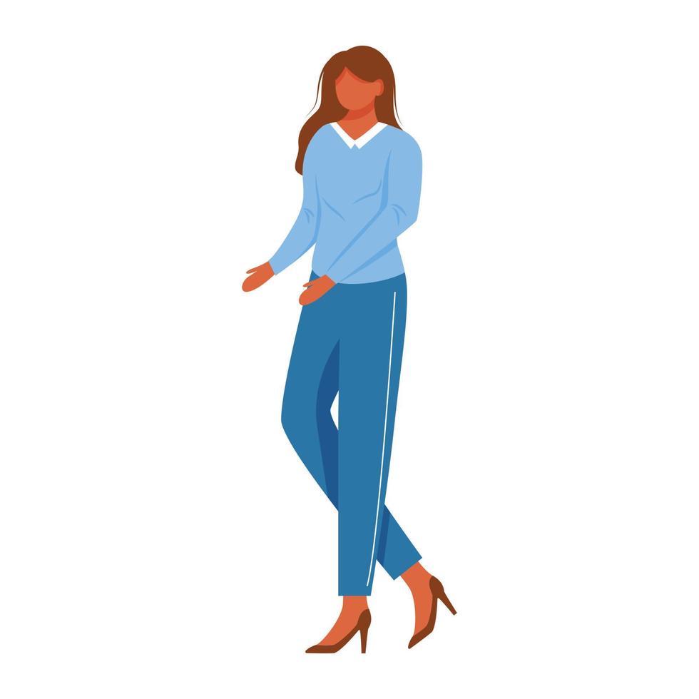 staande vrouw platte vectorillustratie. full body vrouwelijke elegante brunette kantoormedewerker. jonge kalme zakenvrouw in schoenen met hoge hakken geïsoleerde stripfiguur op witte achtergrond vector