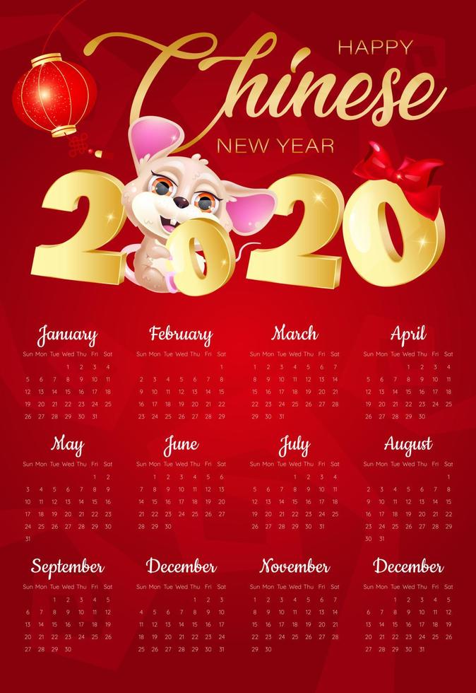 schattig gelukkig chinees nieuwjaar 2020 kalender ontwerpsjabloon met kawaii stripfiguur. muissymbool van wellness, geluk. muurposter, kalender creatieve pagina-indeling. maandmodel met vectordier vector
