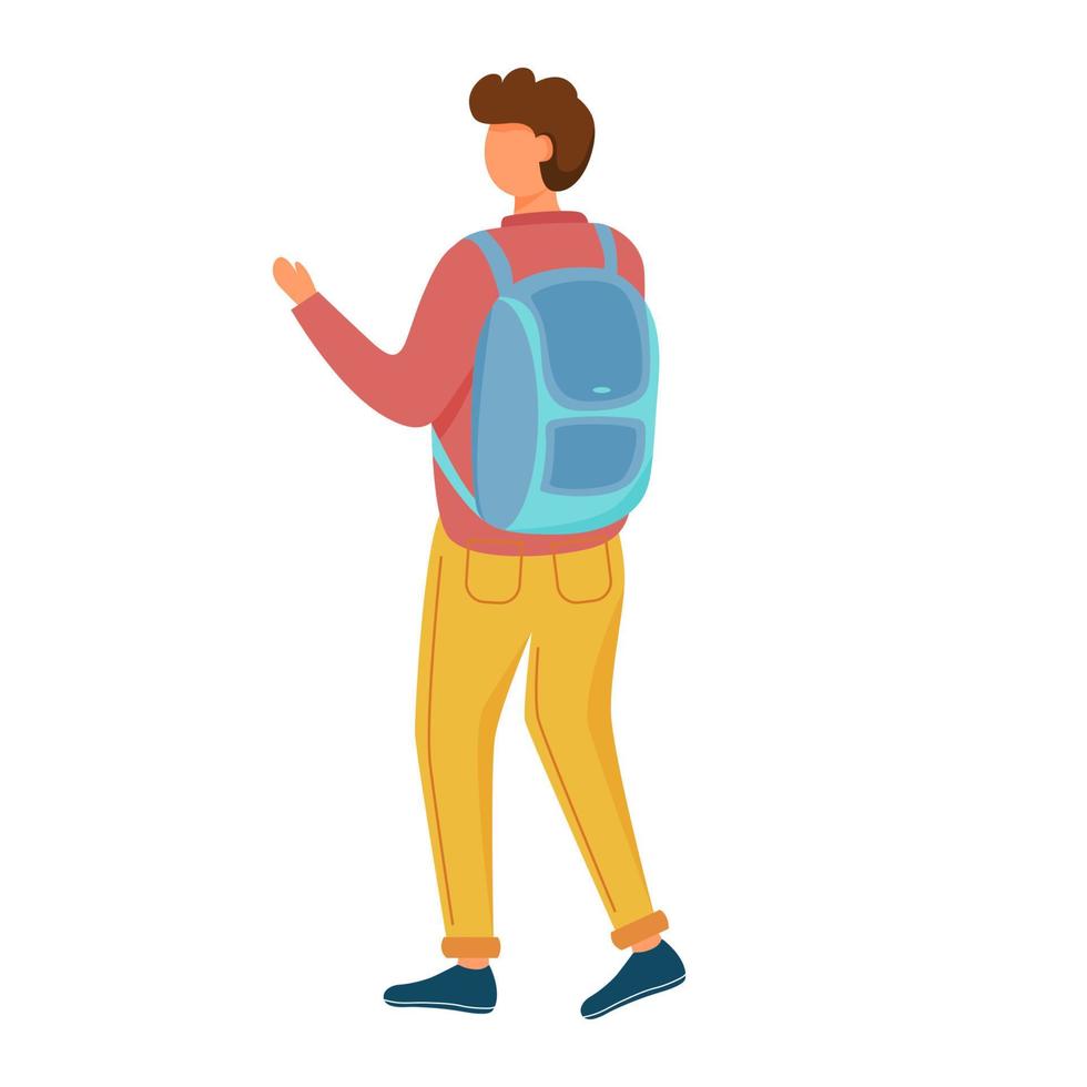 wandelende jonge man met rugzak platte vectorillustratie. student reiziger. vakantie trip. full body blanke man in casual kleding met zak geïsoleerde stripfiguur op witte achtergrond vector