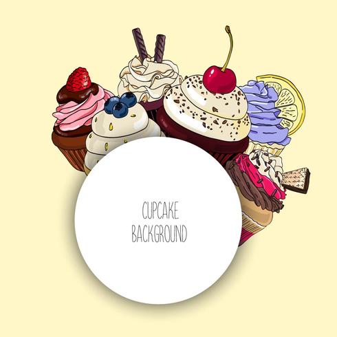 Vectorachtergrond met verschillende cupcakes en ronde grens voor tekst. vector