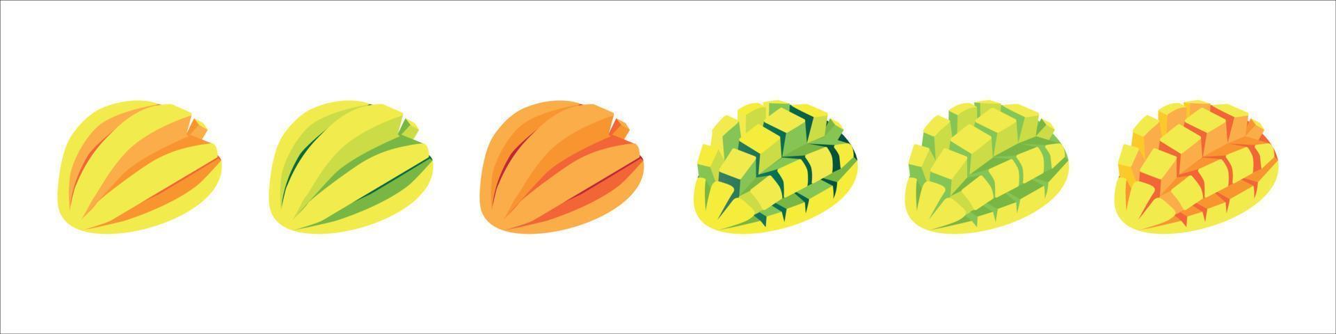 set van verse hele, halve, gesneden segment mango vruchten geïsoleerd op een witte achtergrond. vector