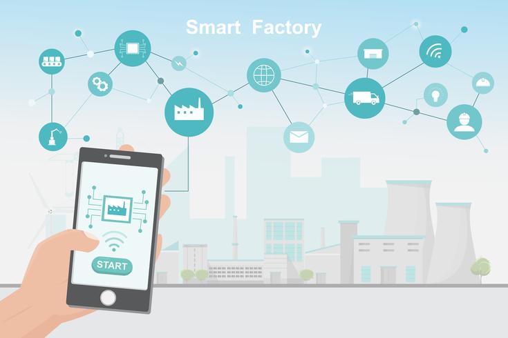 Moderne fabriek 4.0, slimme geautomatiseerde productie vanaf smartphone vector