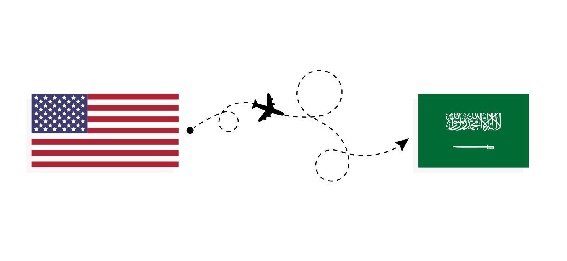 vlucht en reis van de vs naar saoedi-arabië per reisconcept voor passagiersvliegtuigen vector