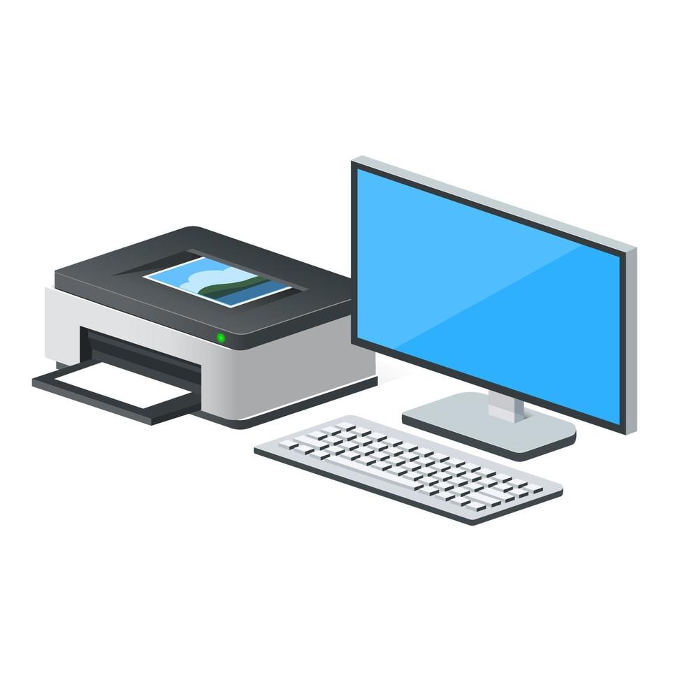 volumetrische personal computer of systeemeenheid met monitor en toetsenbord vector