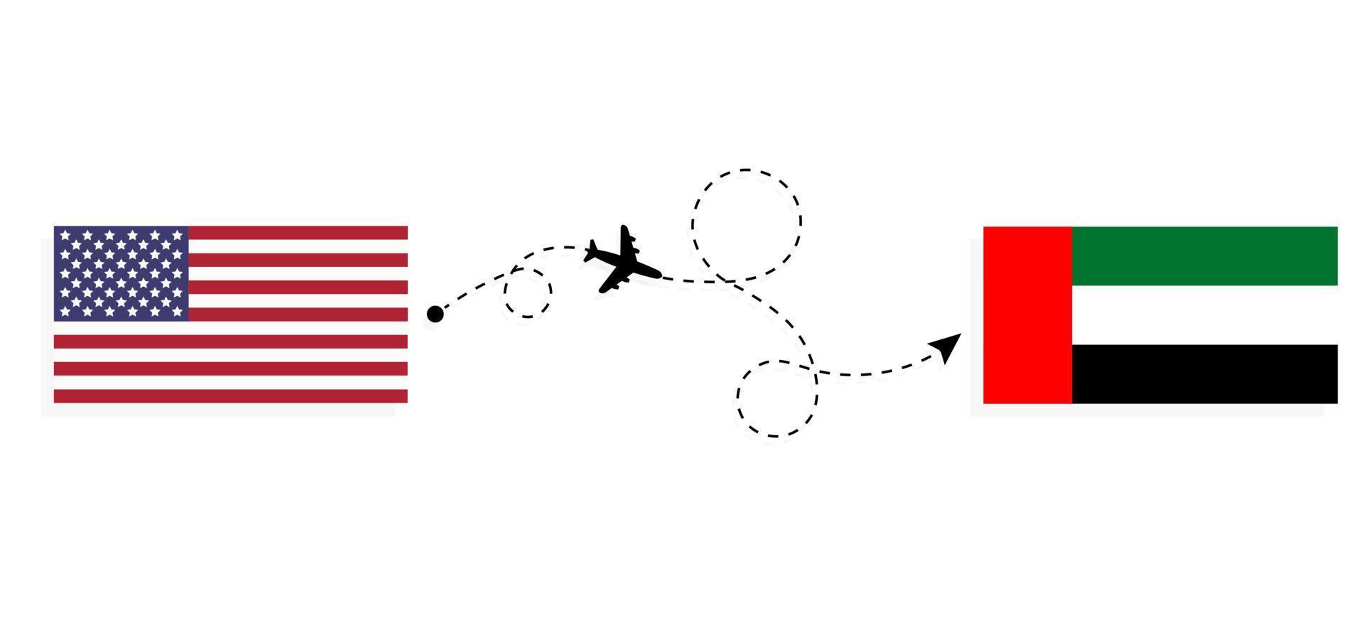 vlucht en reis van de VS naar de verenigde arabische emiraten per reisconcept voor passagiersvliegtuigen vector