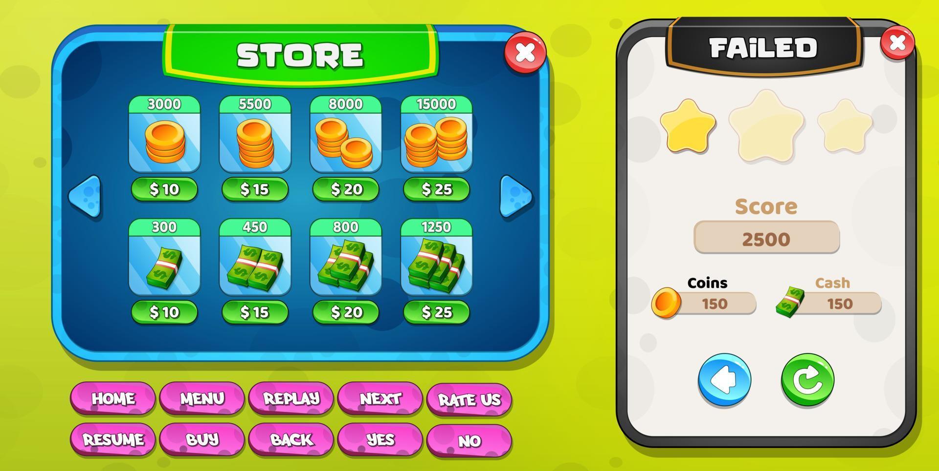 casual game ui-menupop-ups met knoppen en game-items vector