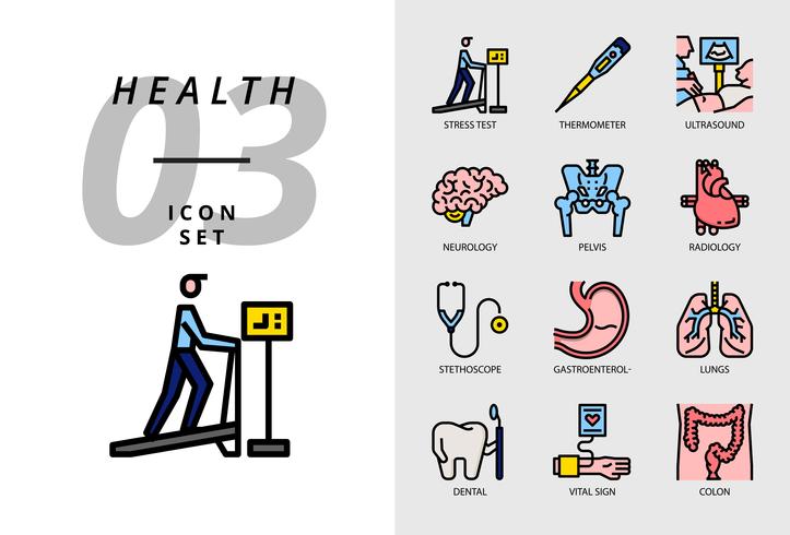 Icon pack voor gezondheid, ziekenhuis, stresstest, thermometer, echografie, neurologie, bekken, radiologie, stethoscoop, gastro-enteroloog, longen, tandheelkundige, vitale functie, colon. vector