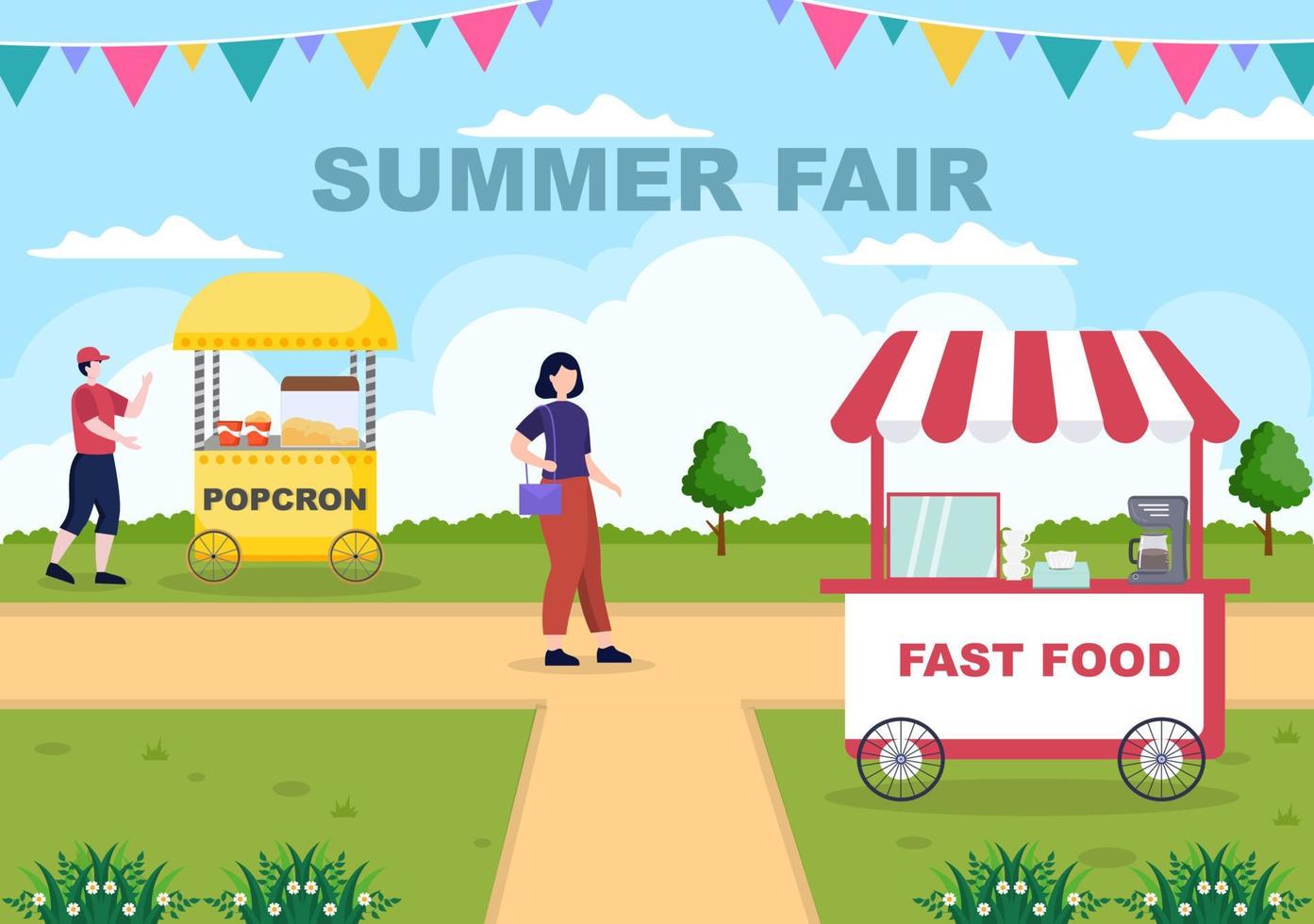 zomerfair met carnaval, circus, kermis of attractiepark. landschap van carrousels, achtbaan, luchtballon en speeltuin vectorillustratie vector