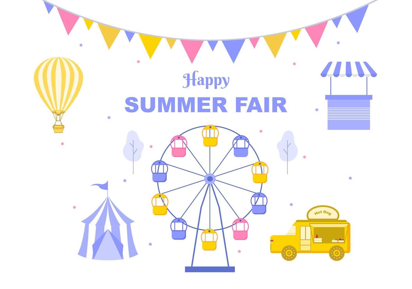 zomerfair met carnaval, circus, kermis of attractiepark. landschap van carrousels, achtbaan, luchtballon en speeltuin vectorillustratie vector