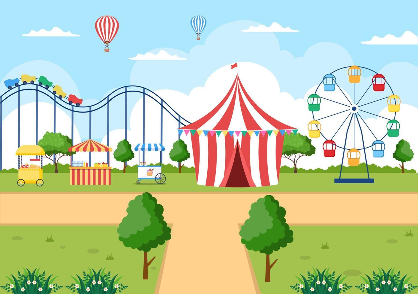 zomerfair met carnaval, circus, kermis of attractiepark. landschap van carrousels, achtbaan, luchtballon en speeltuin vectorillustratie vector