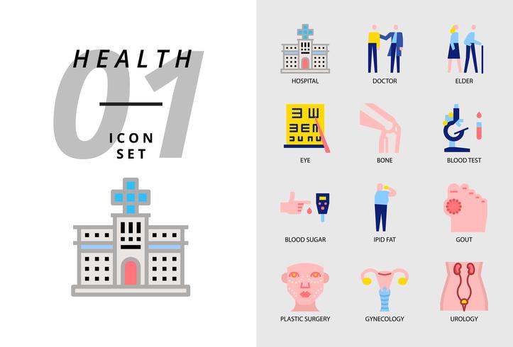 Icon pack voor gezondheid, ziekenhuis, dokter, ouderling, oog, bot, bloedonderzoek, bloedsuikerspiegel, ipid-vet, jicht, plastische chirurgie, gynaecologie, urologie. vector