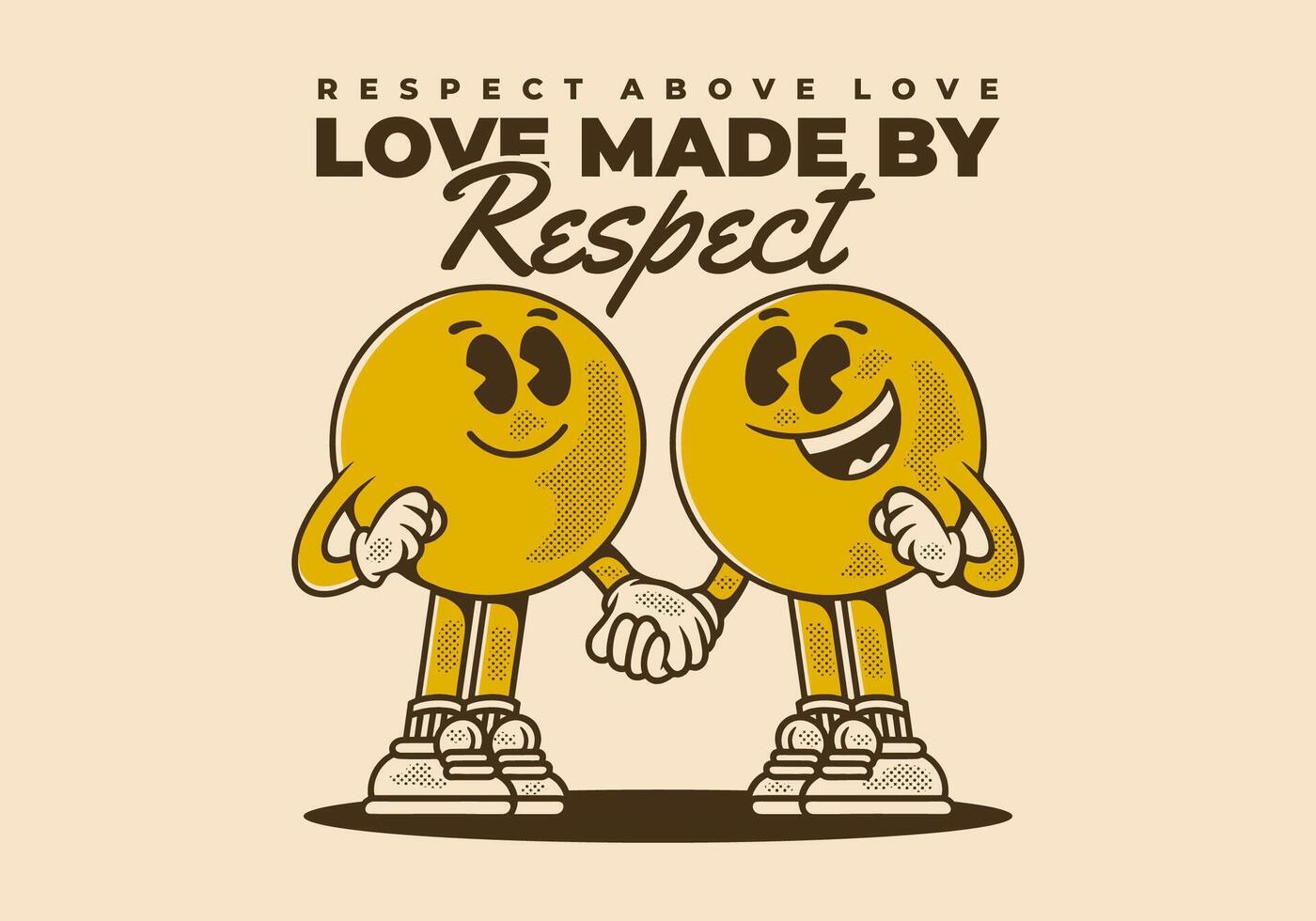 liefde gemaakt door respect. wijnoogst karakter van twee bal hoofd, in hand- in hand- houding vector