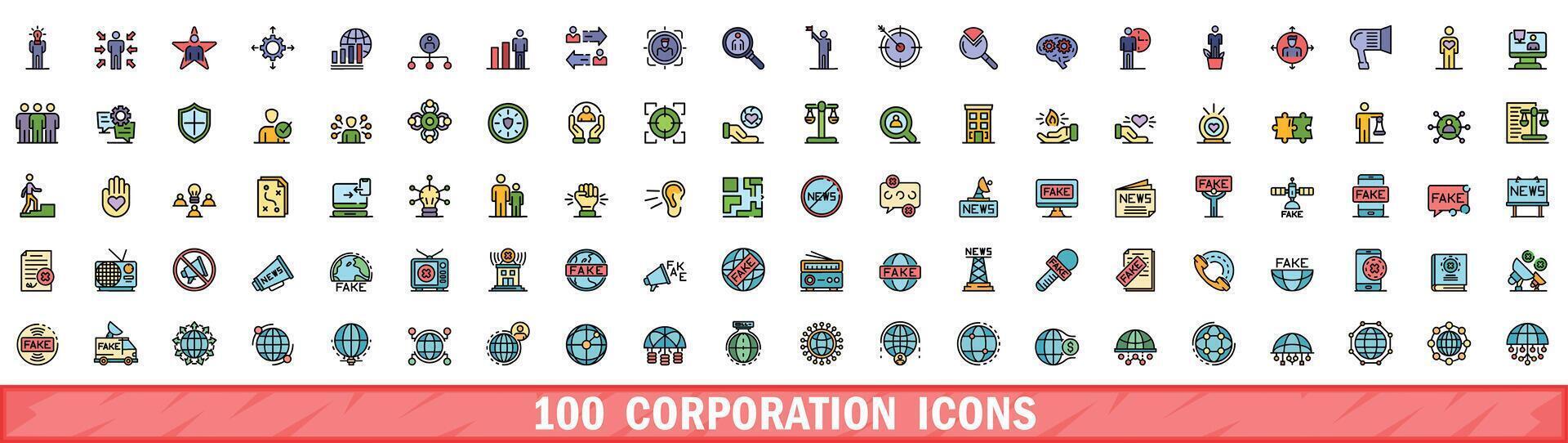 100 corporatie pictogrammen set, kleur lijn stijl vector