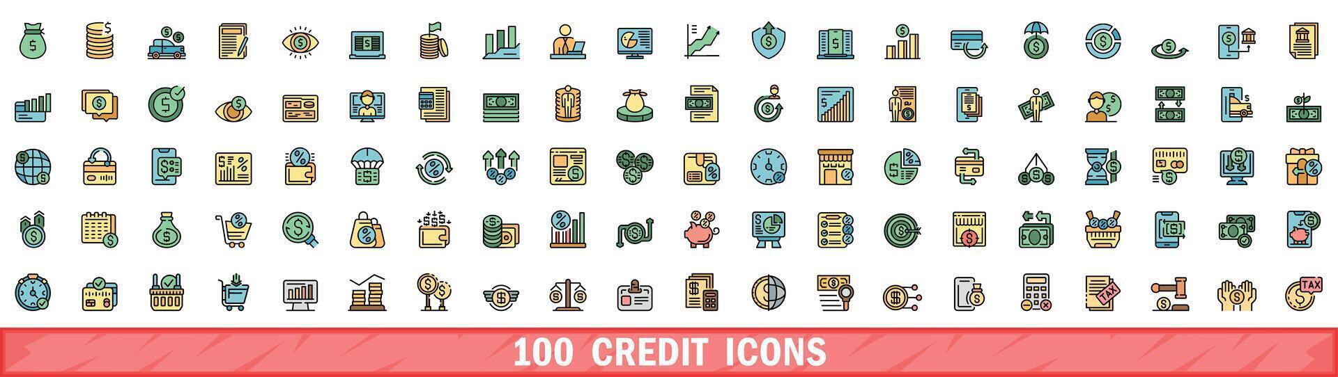 100 credit pictogrammen set, kleur lijn stijl vector