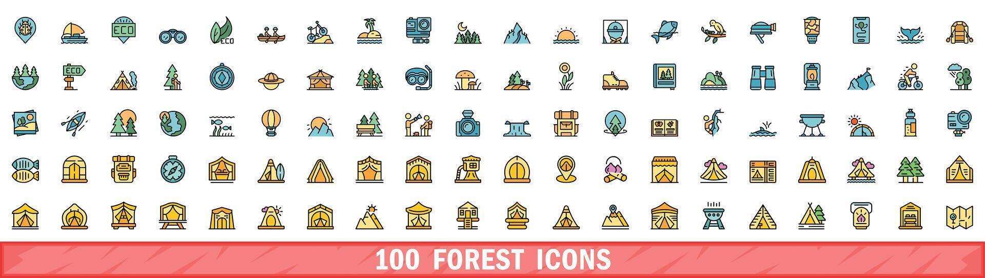 100 Woud pictogrammen set, kleur lijn stijl vector