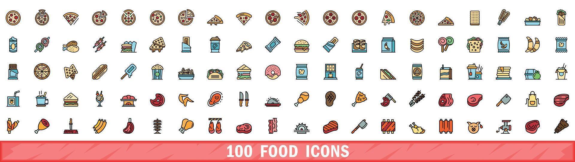 100 voedsel pictogrammen set, kleur lijn stijl vector