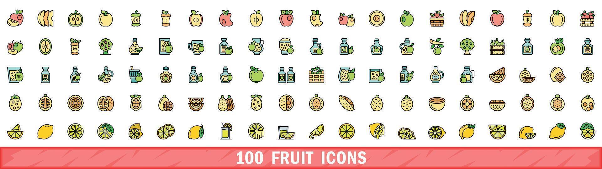 100 fruit pictogrammen set, kleur lijn stijl vector