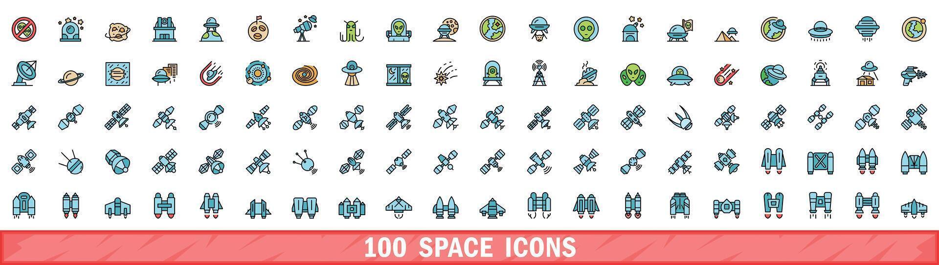 100 ruimte pictogrammen set, kleur lijn stijl vector