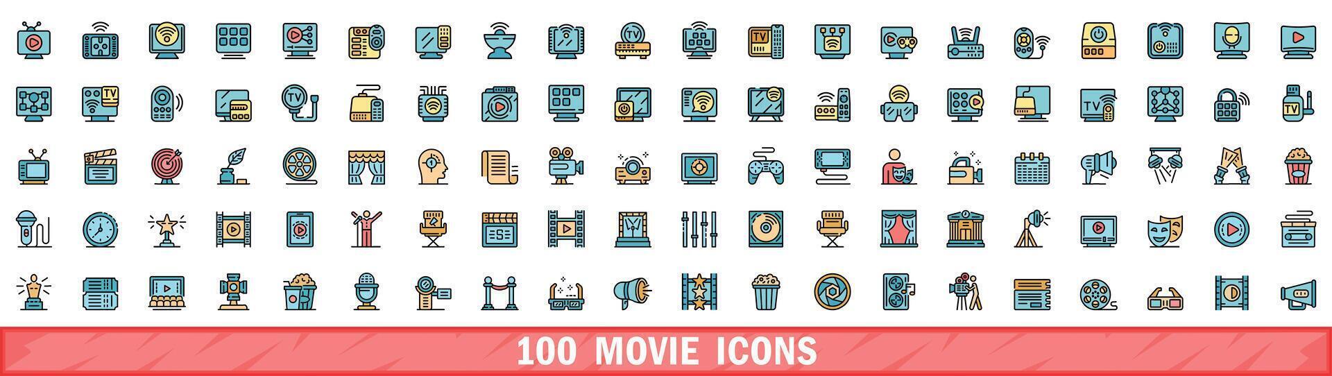 100 film pictogrammen set, kleur lijn stijl vector