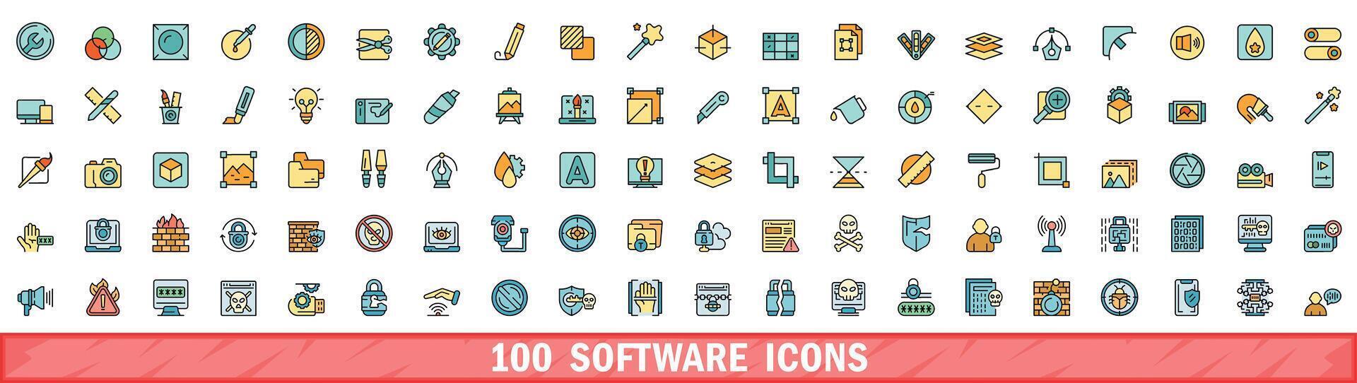 100 software pictogrammen set, kleur lijn stijl vector