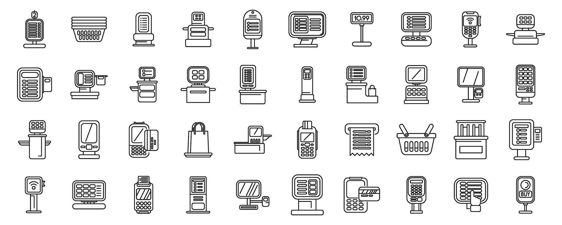 zelf onderhoud uitchecken pictogrammen reeks schets vector. supermarkt scannen terminal vector