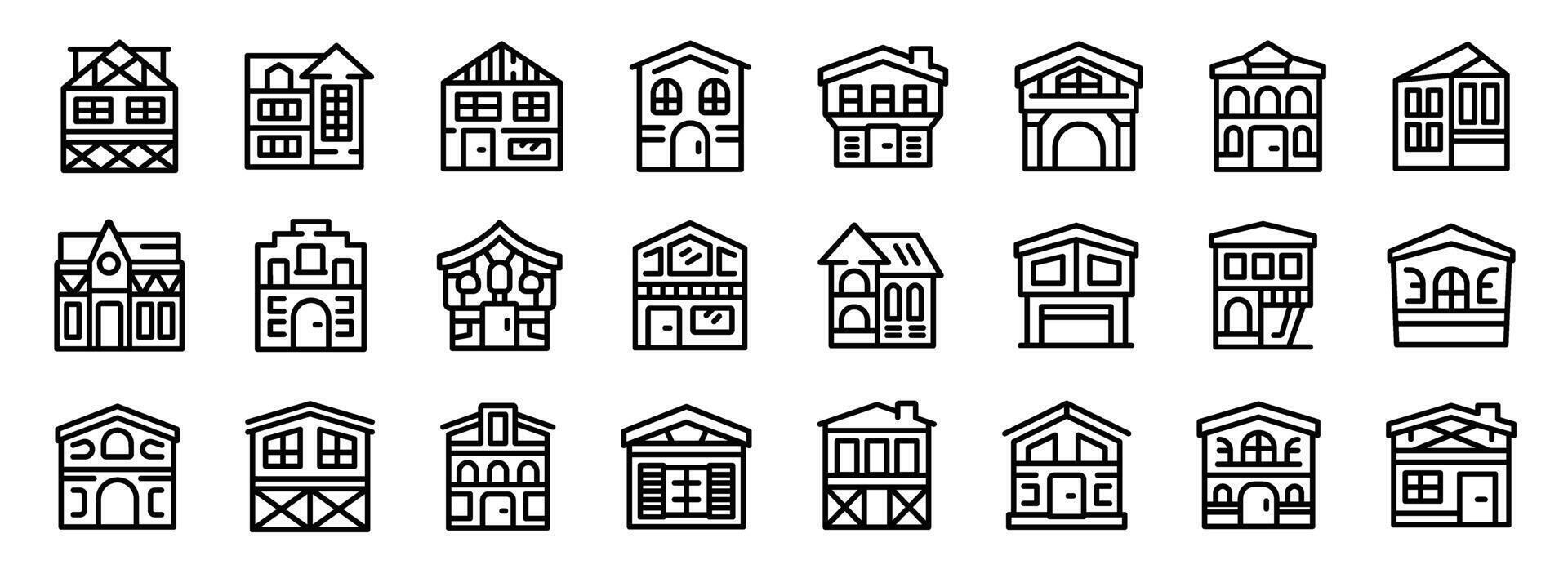 traditioneel Duitse huizen pictogrammen reeks schets vector. middeleeuws dorp vector