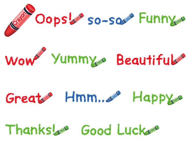 Set van woorden geschreven met kleurrijke kleurpotloden, geïsoleerd op een witte achtergrond. vector