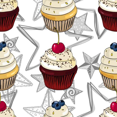 Naadloos patroon met cupcakes en sterren. vector