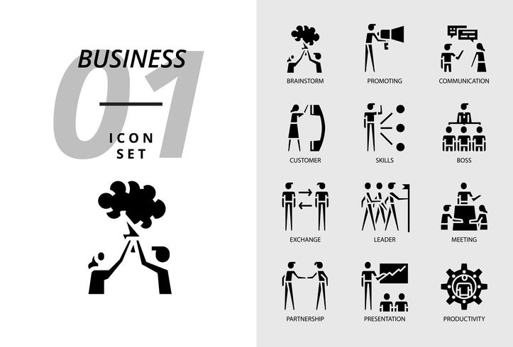 Icon pack voor bedrijven, brainstorm, promotie, communicatie, klant, vaardigheden, baas, uitwisseling, leider, vergadering, partnerschap, presentatie, productiviteit. vector