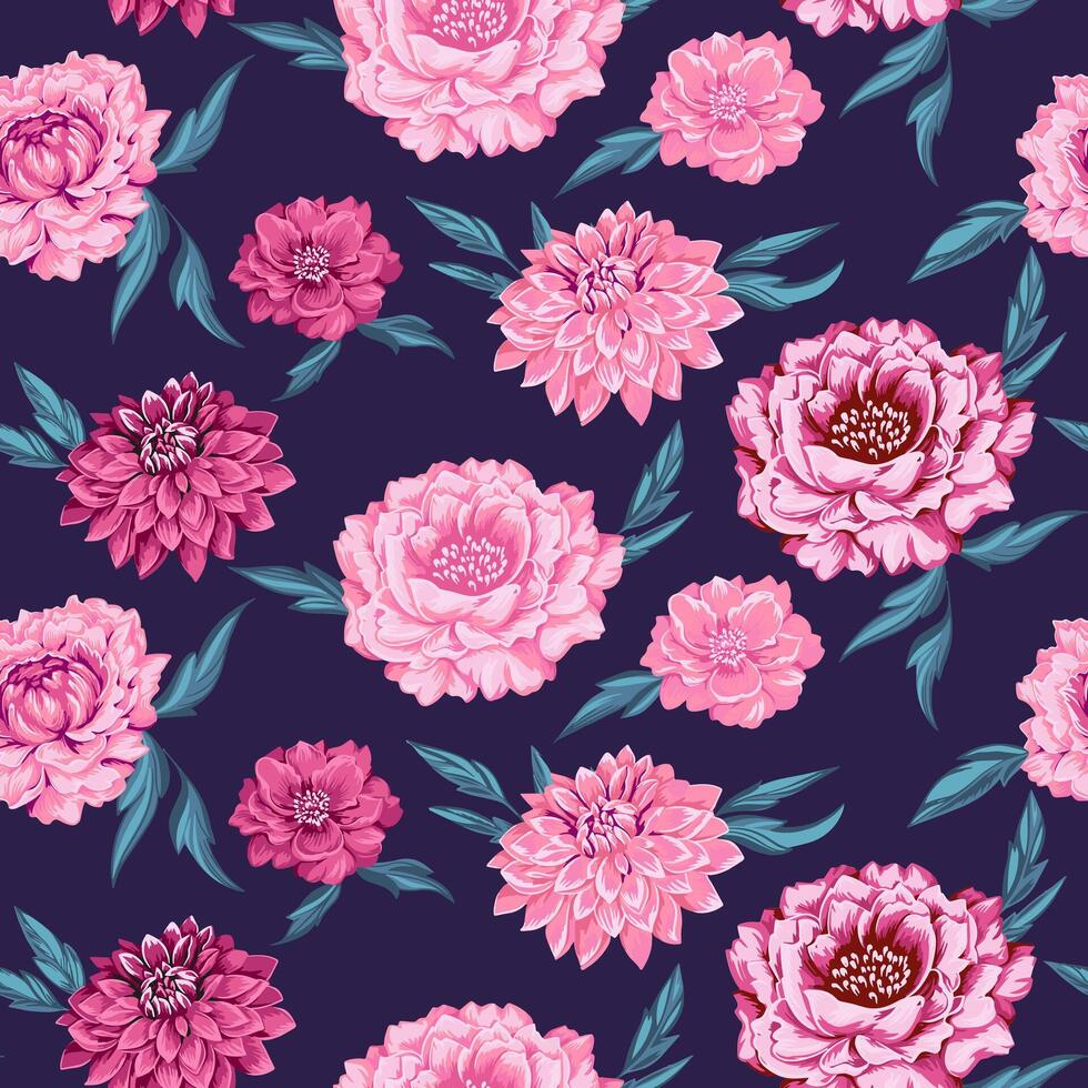 helder roze gestileerde bloemen pioenrozen, dahlia's en bladeren naadloos patroon. vector getrokken illustratie. abstract artistiek bloeiend bloemen Aan een donker blauw achtergrond. ontwerp voor kleding stof, mode, het drukken