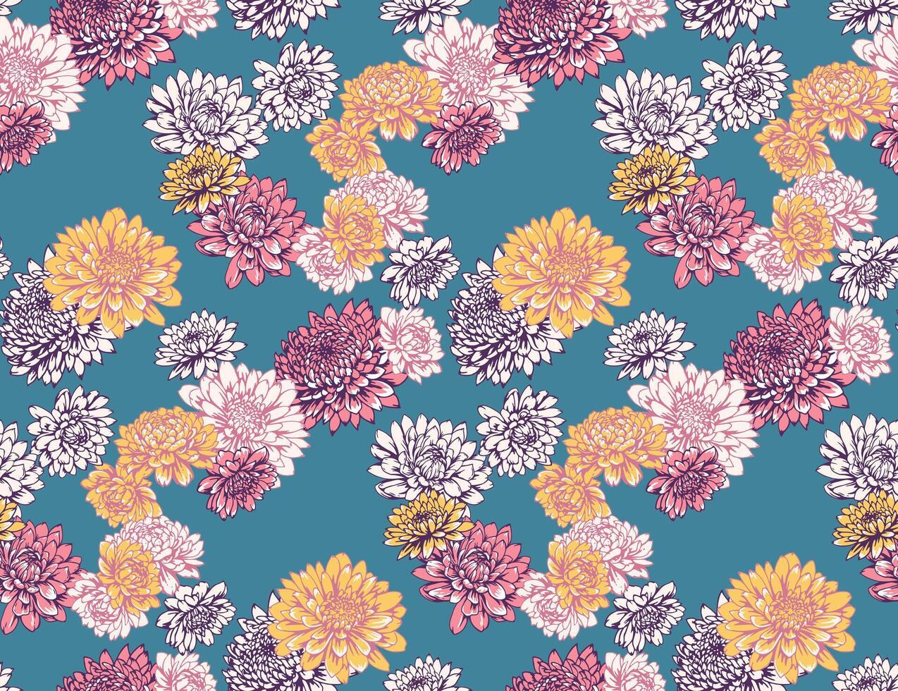 veelkleurig groot bloemen naadloos patroon Aan een turkoois achtergrond. bloesems abstract artistiek bloemen dahlia's, pioenrozen, chrysanten afdrukken. vector getrokken illustratie. sjabloon voor ontwerpen