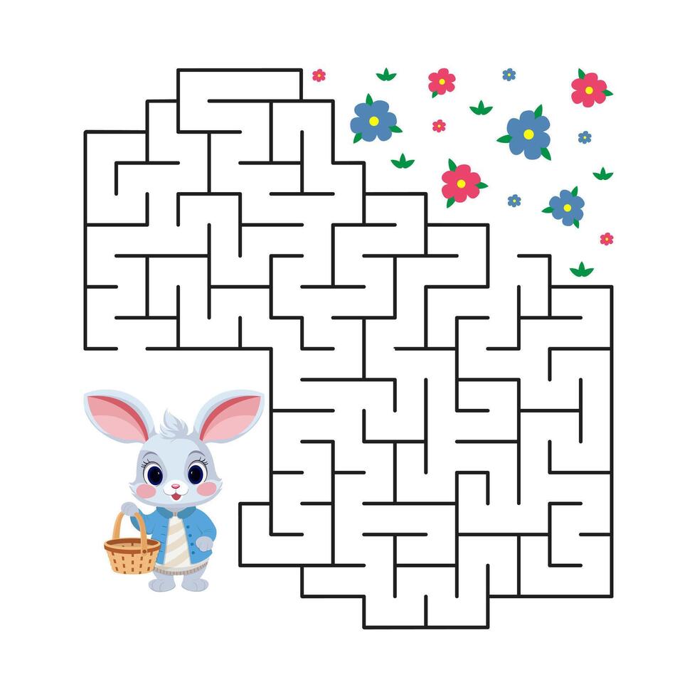 vector illustratie. doolhof spel voor kinderen. helpen de konijn met de mand vind de manier naar de weide met bloemen.