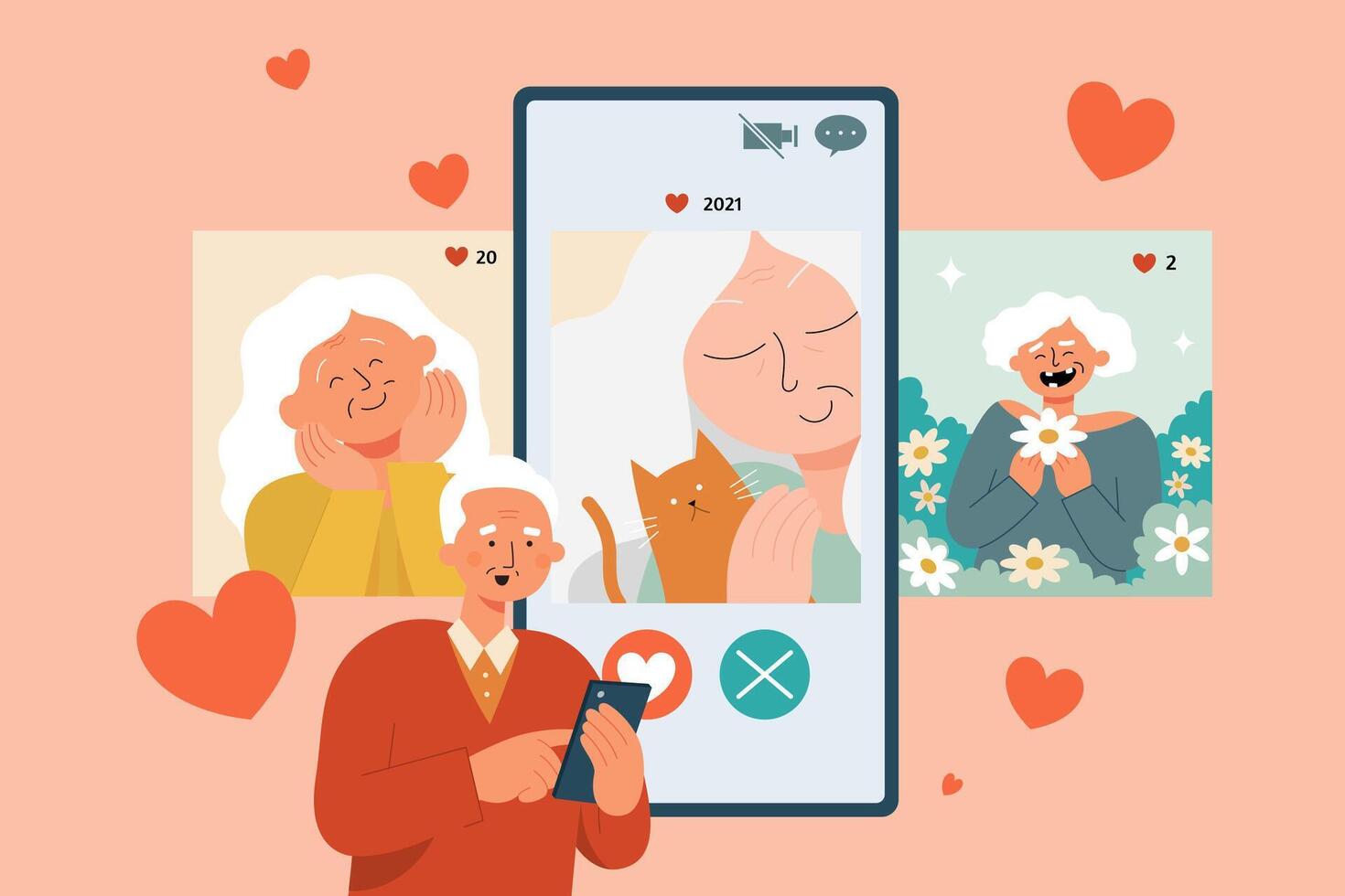 vlak illustratie van senior Mens op zoek en leuk vinden foto's van senior vrouw Aan sociaal mediaal foto's app vector