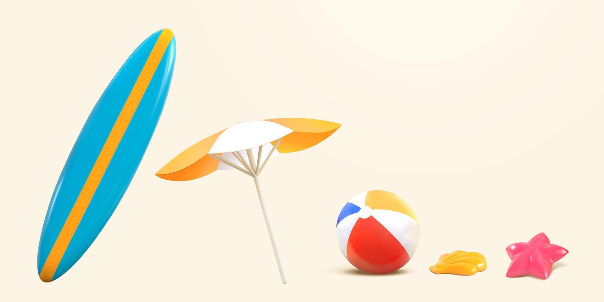 3d elementen van zomer strand voorwerpen. items gebruikt voor zonnen, buitenshuis activiteiten, of vrije tijd recreatie vector