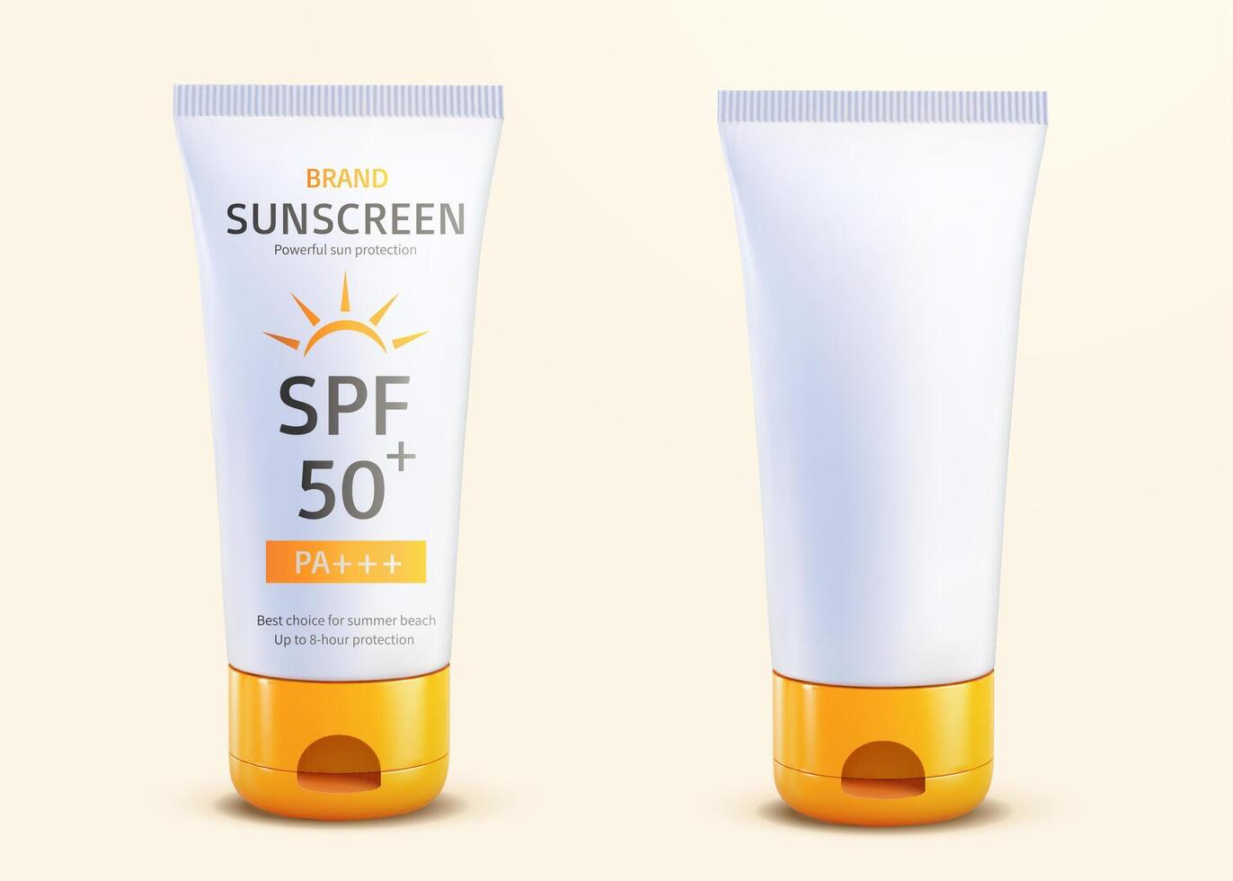 3d zomer zonnescherm buis model. elementen van sunblock houder met oranje omdraaien kap. Product gebruikt voor uv bescherming, persoonlijk huidsverzorging vector