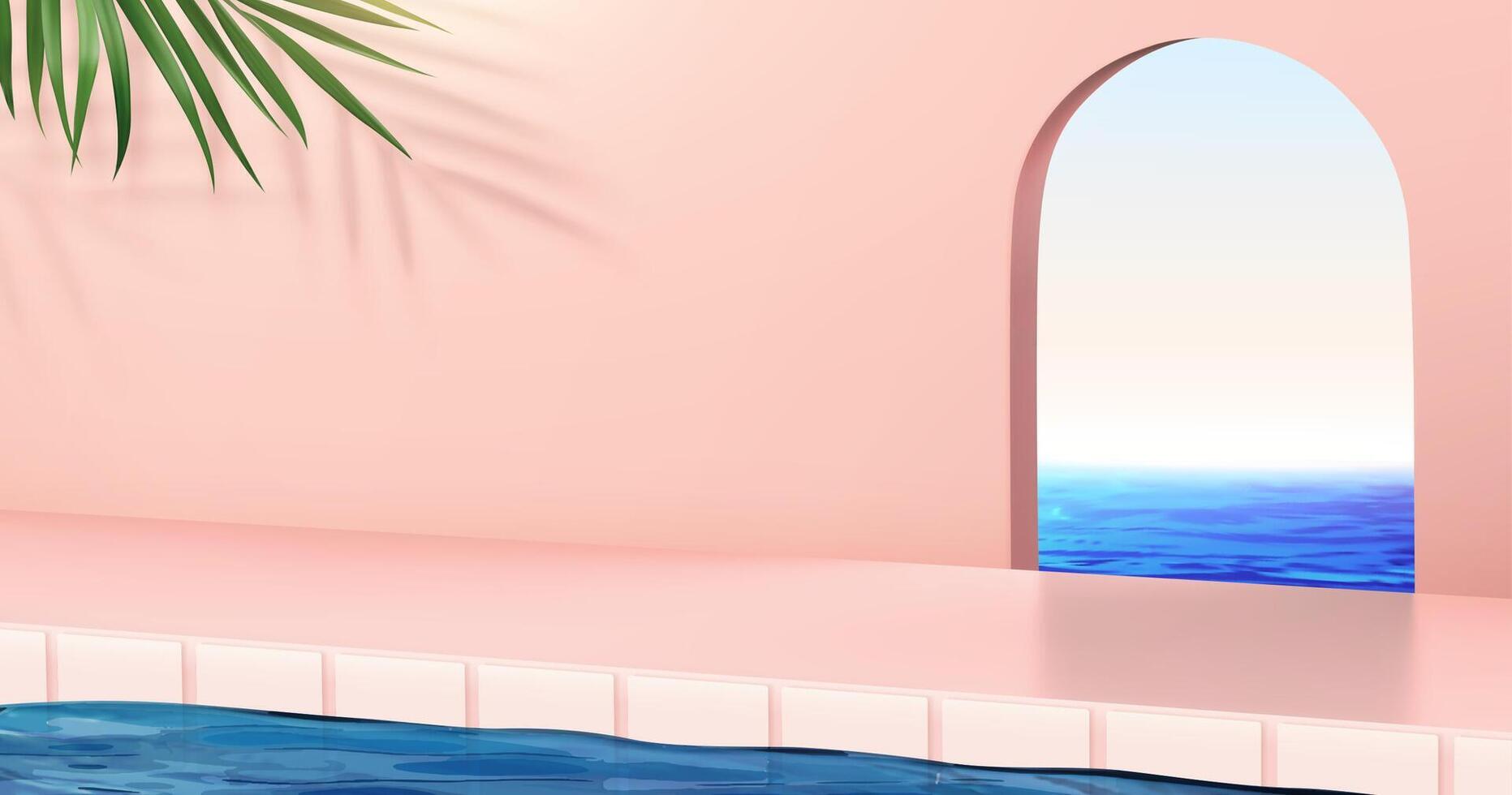 3d zwemmen zwembad tafereel ontwerp met boog portaal richting de zee. geschikt voor Product Scherm. concept van ontspannende spa Bij zomer zonsondergang. vector