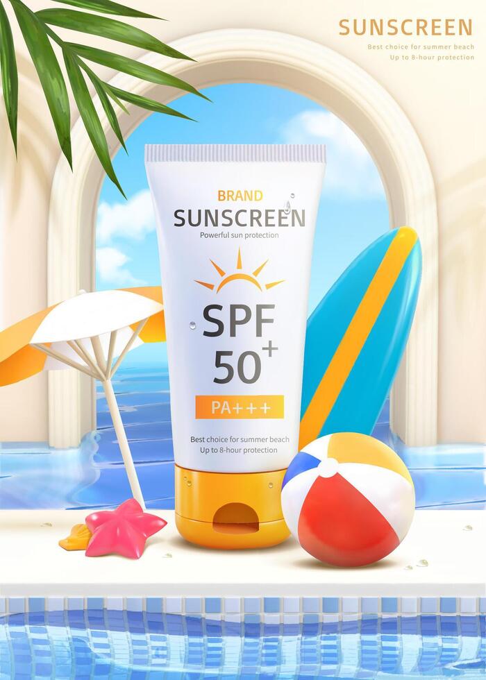 3d zomer zwembad zonnescherm advertentie. illustratie van sunblock buis Product weergegeven terzijde water zwembad met strand voorwerpen staand in de omgeving van vector