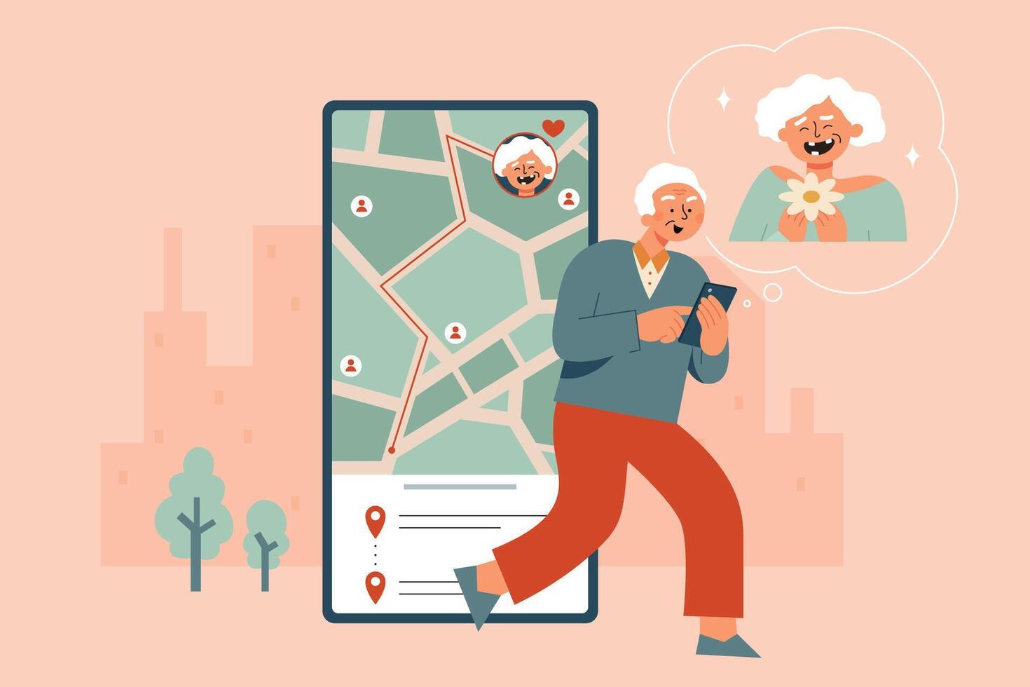 vlak illustratie van senior Mens op zoek Bij een kaart Aan zijn smartphone naar bereiken naar de bestemming van zijn liefde in de stad vector